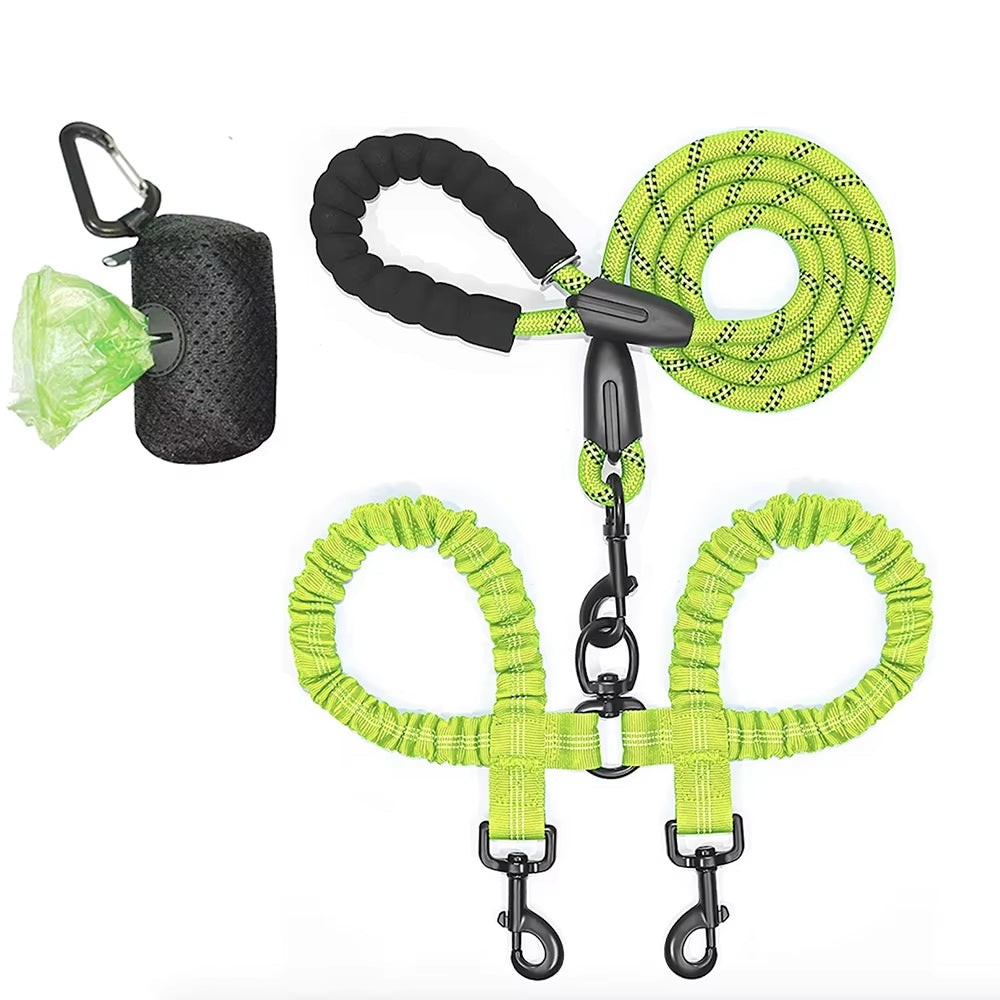 Pet Dog Leashes Walk 2 Two Dogs Nylon Leash Coupler Double Ropes Twin Leads Walking Dog with Poop Bag Multi Leashes 1.5+0.5M