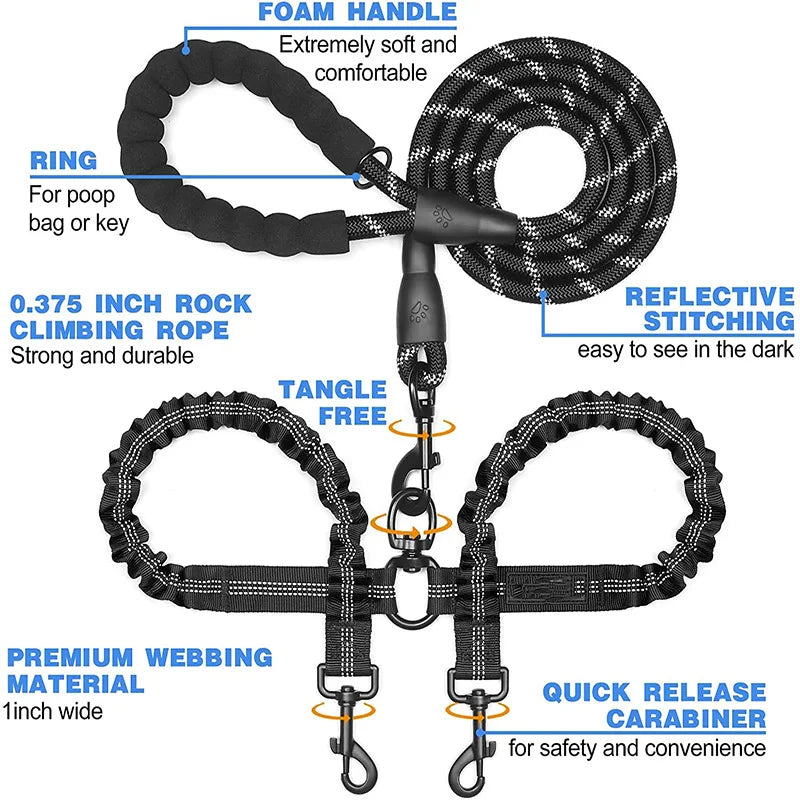 Pet Dog Leashes Walk 2 Two Dogs Nylon Leash Coupler Double Ropes Twin Leads Walking Dog with Poop Bag Multi Leashes 1.5+0.5M