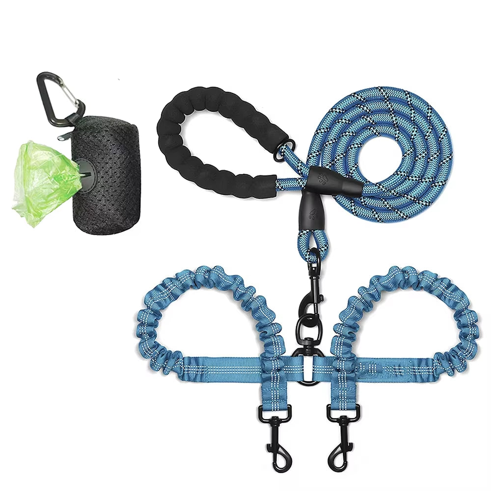 Pet Dog Leashes Walk 2 Two Dogs Nylon Leash Coupler Double Ropes Twin Leads Walking Dog with Poop Bag Multi Leashes 1.5+0.5M