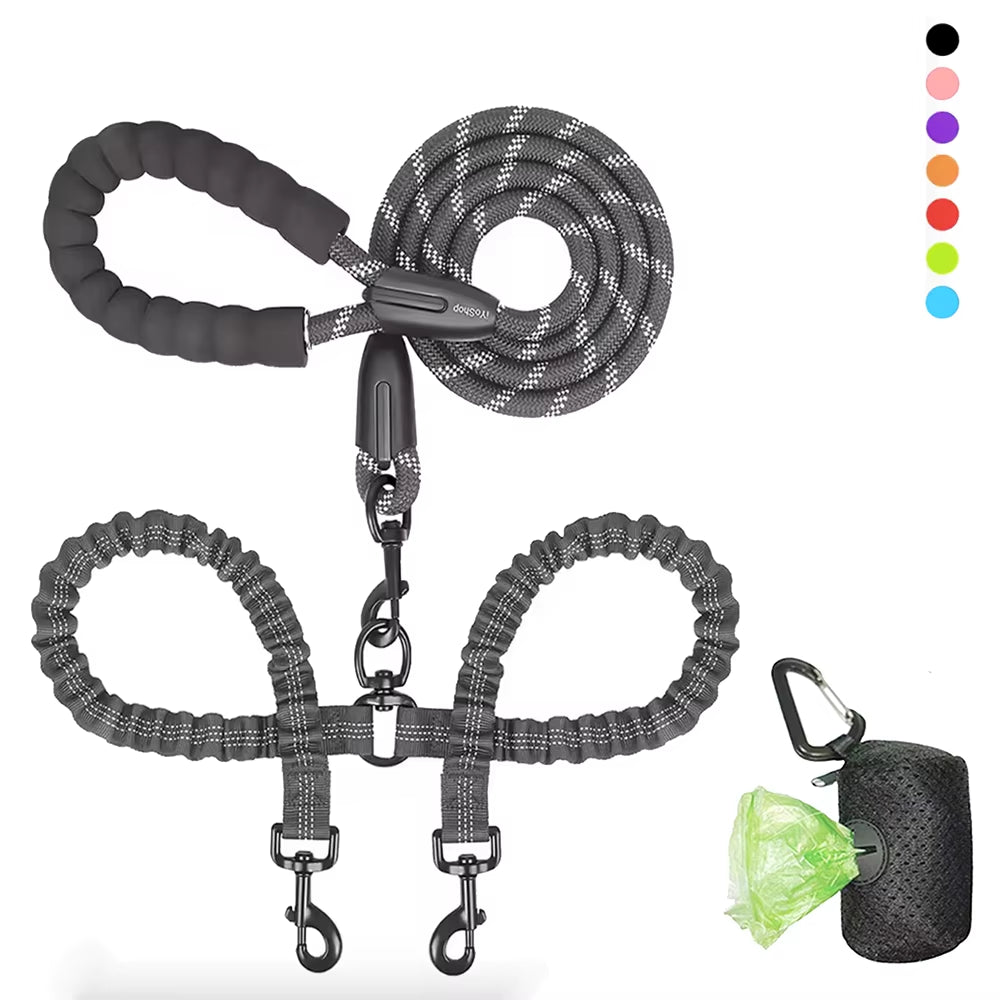Pet Dog Leashes Walk 2 Two Dogs Nylon Leash Coupler Double Ropes Twin Leads Walking Dog with Poop Bag Multi Leashes 1.5+0.5M