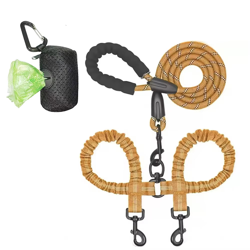 Pet Dog Leashes Walk 2 Two Dogs Nylon Leash Coupler Double Ropes Twin Leads Walking Dog with Poop Bag Multi Leashes 1.5+0.5M