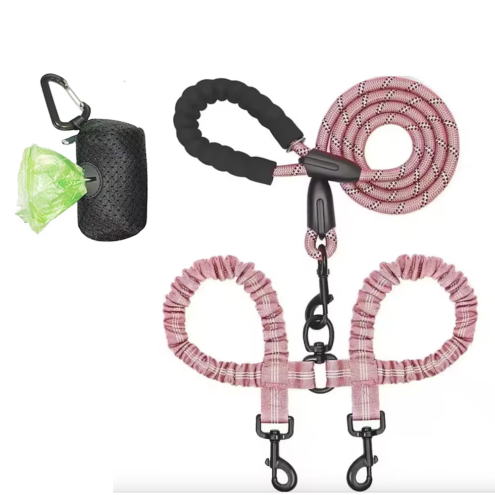 Pet Dog Leashes Walk 2 Two Dogs Nylon Leash Coupler Double Ropes Twin Leads Walking Dog with Poop Bag Multi Leashes 1.5+0.5M