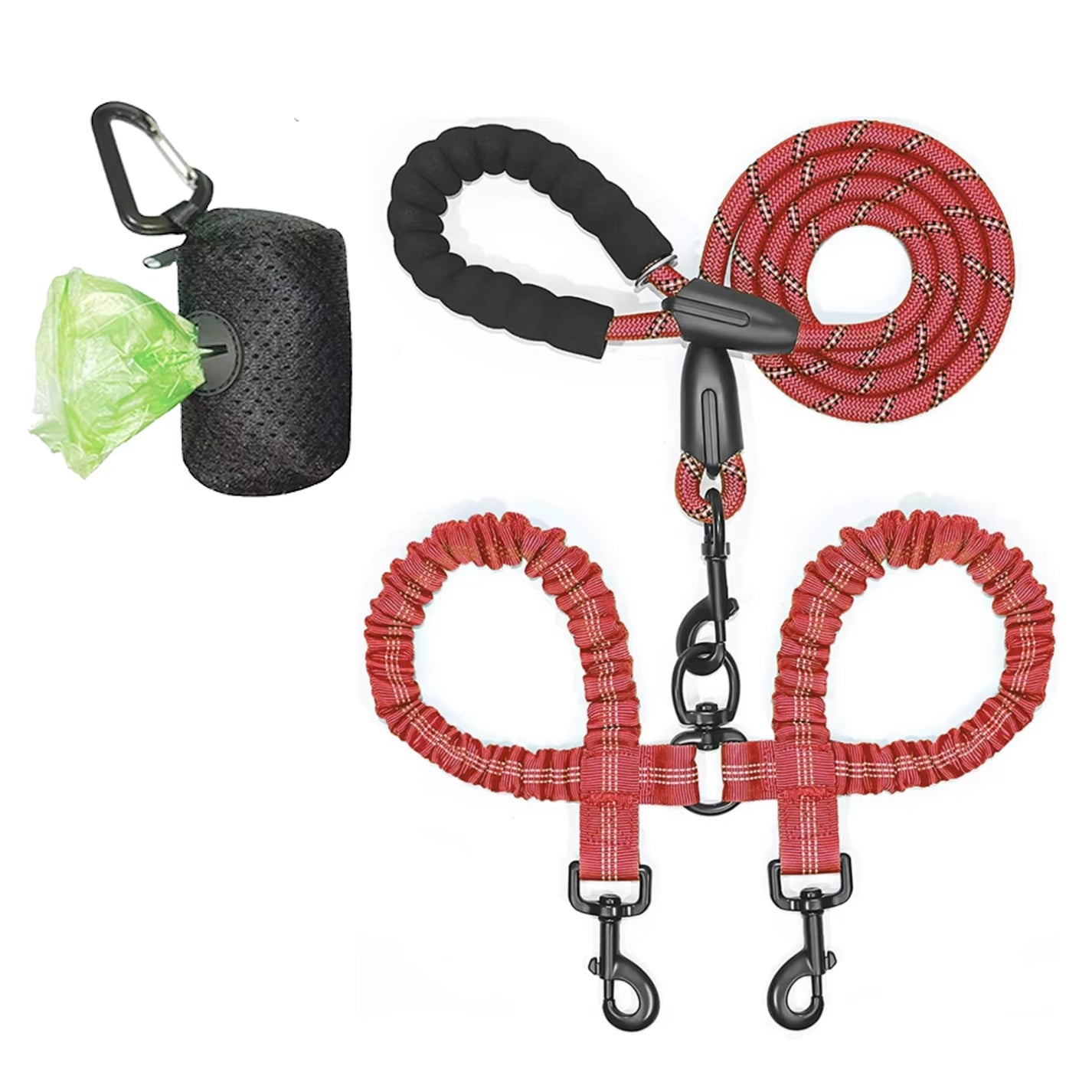 Pet Dog Leashes Walk 2 Two Dogs Nylon Leash Coupler Double Ropes Twin Leads Walking Dog with Poop Bag Multi Leashes 1.5+0.5M