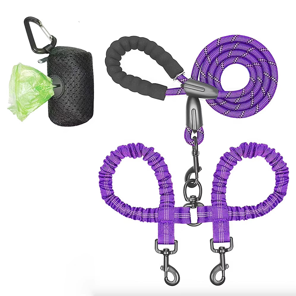 Pet Dog Leashes Walk 2 Two Dogs Nylon Leash Coupler Double Ropes Twin Leads Walking Dog with Poop Bag Multi Leashes 1.5+0.5M