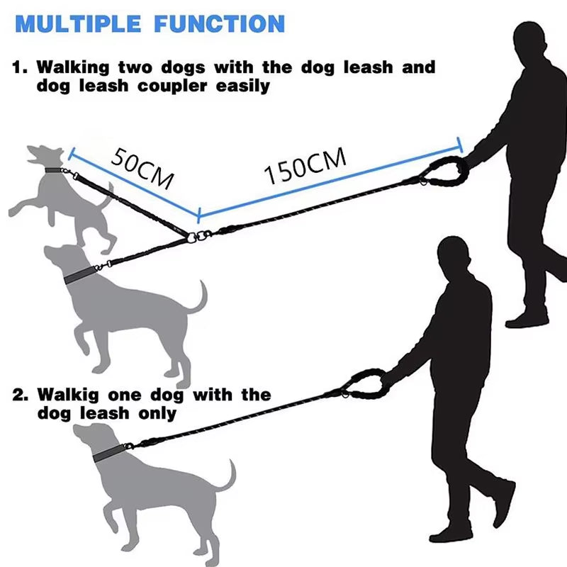 Pet Dog Leashes Walk 2 Two Dogs Nylon Leash Coupler Double Ropes Twin Leads Walking Dog with Poop Bag Multi Leashes 1.5+0.5M