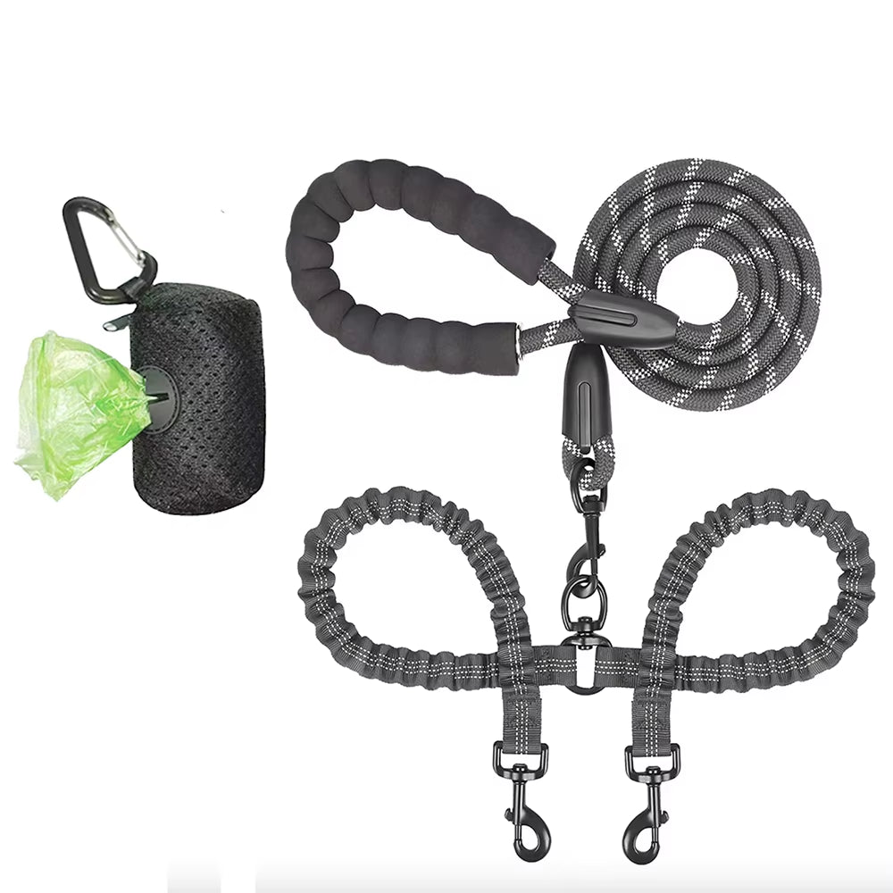 Pet Dog Leashes Walk 2 Two Dogs Nylon Leash Coupler Double Ropes Twin Leads Walking Dog with Poop Bag Multi Leashes 1.5+0.5M