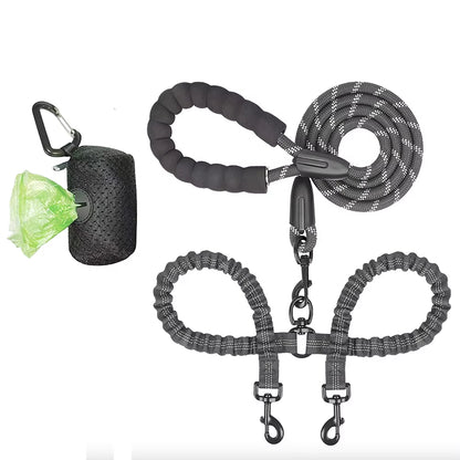 Pet Dog Leashes Walk 2 Two Dogs Nylon Leash Coupler Double Ropes Twin Leads Walking Dog with Poop Bag Multi Leashes 1.5+0.5M